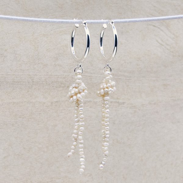 •Clio pearl hoop earrings with knotted freshwater pearl strand