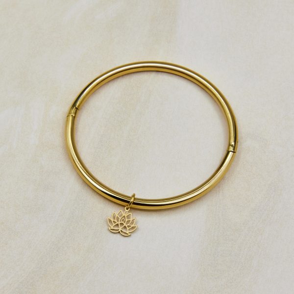 Maia hinged bangle bracelet with lotus connection pendant