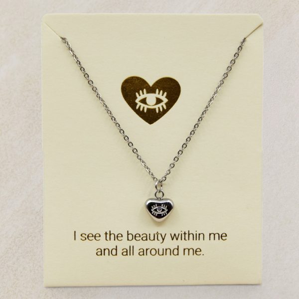 Silver tarnish free necklace with heart shaped pendant and evil eye etching
